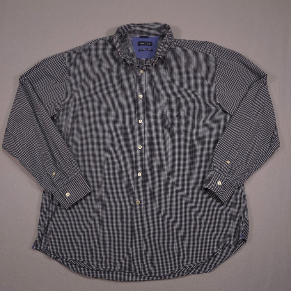 Nautica Mens XXL Button Down Shirt Navy White Micro Check 80s Two-Ply Cotton